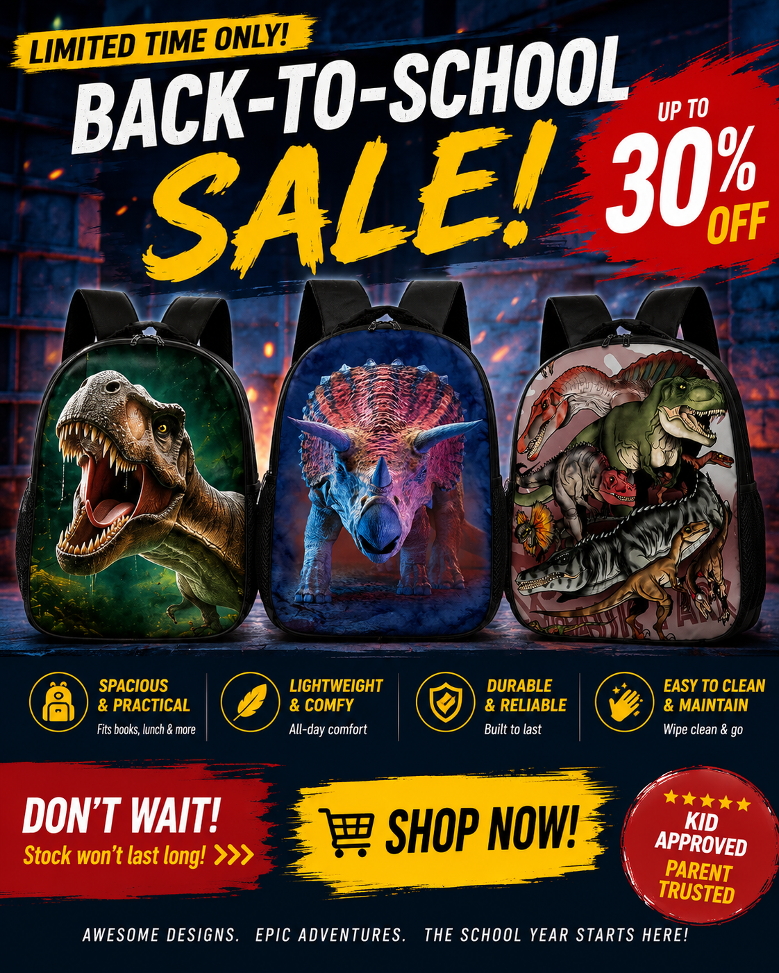 Kids' Cartoon Dinosaur Backpack – Perfect for Back to School